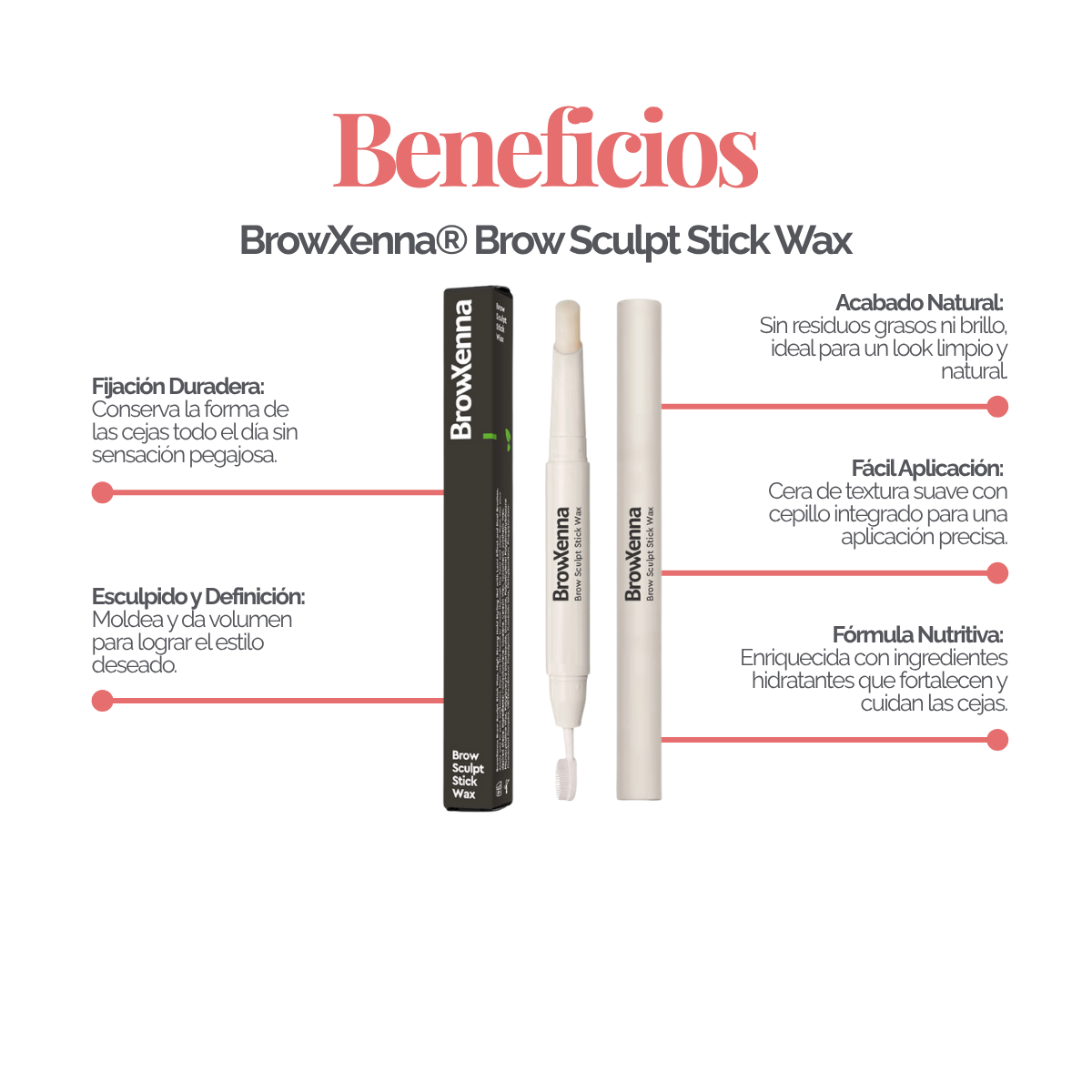 Cera Fijadora en Barra BrowXenna® con cepillo integrado aplicando fijación natural profesional en cejas