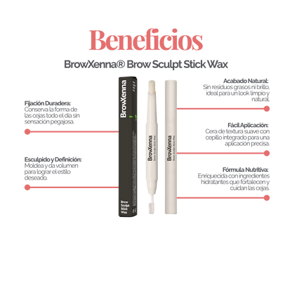 Cera Fijadora en Barra BrowXenna® con cepillo integrado aplicando fijación natural profesional en cejas