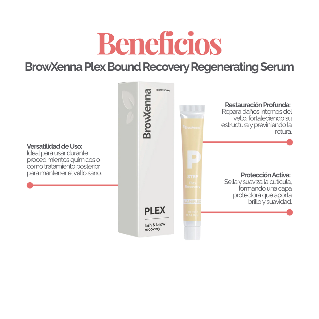 BrowXenna Plex Bond Recovery – suero regenerador profesional que restaura enlaces capilares y protege el vello durante y después de tratamientos químicos para cejas y pestañas.