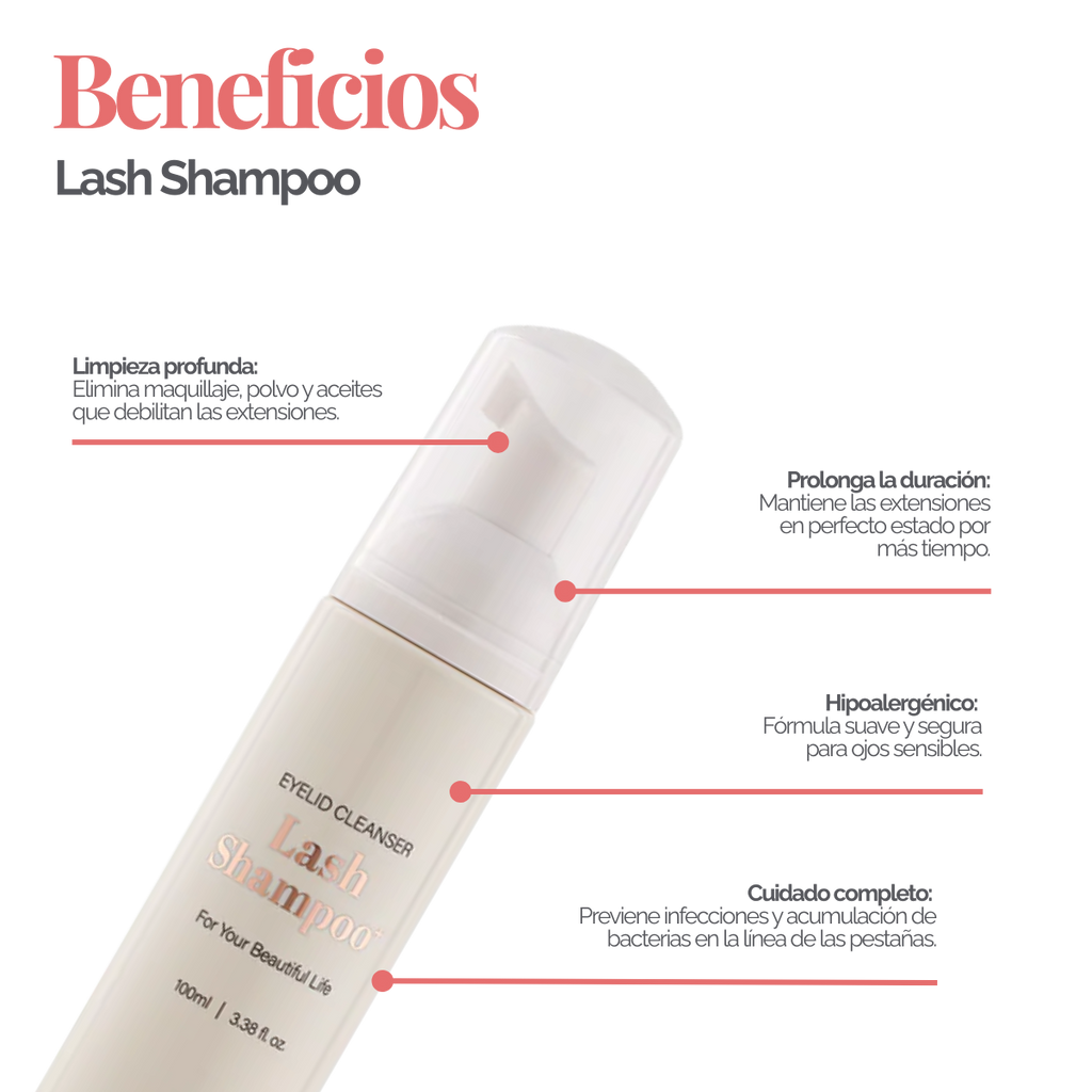 Botella de Lash Shampoo Plus BL Lashes con dosificador de espuma, muestra de espuma sobre fondo blanco, diseño profesional, concepto de limpieza profunda para extensiones de pestañas