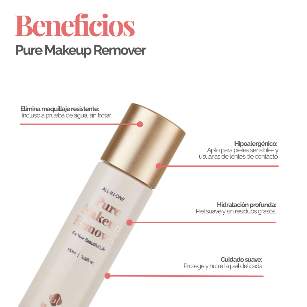 Botella de 100 ml de Pure Clear Lip & Eye Makeup Remover BL Lashes, envase transparente con etiqueta, sobre fondo blanco, concepto desmaquillante oil‑free seguro para extensiones