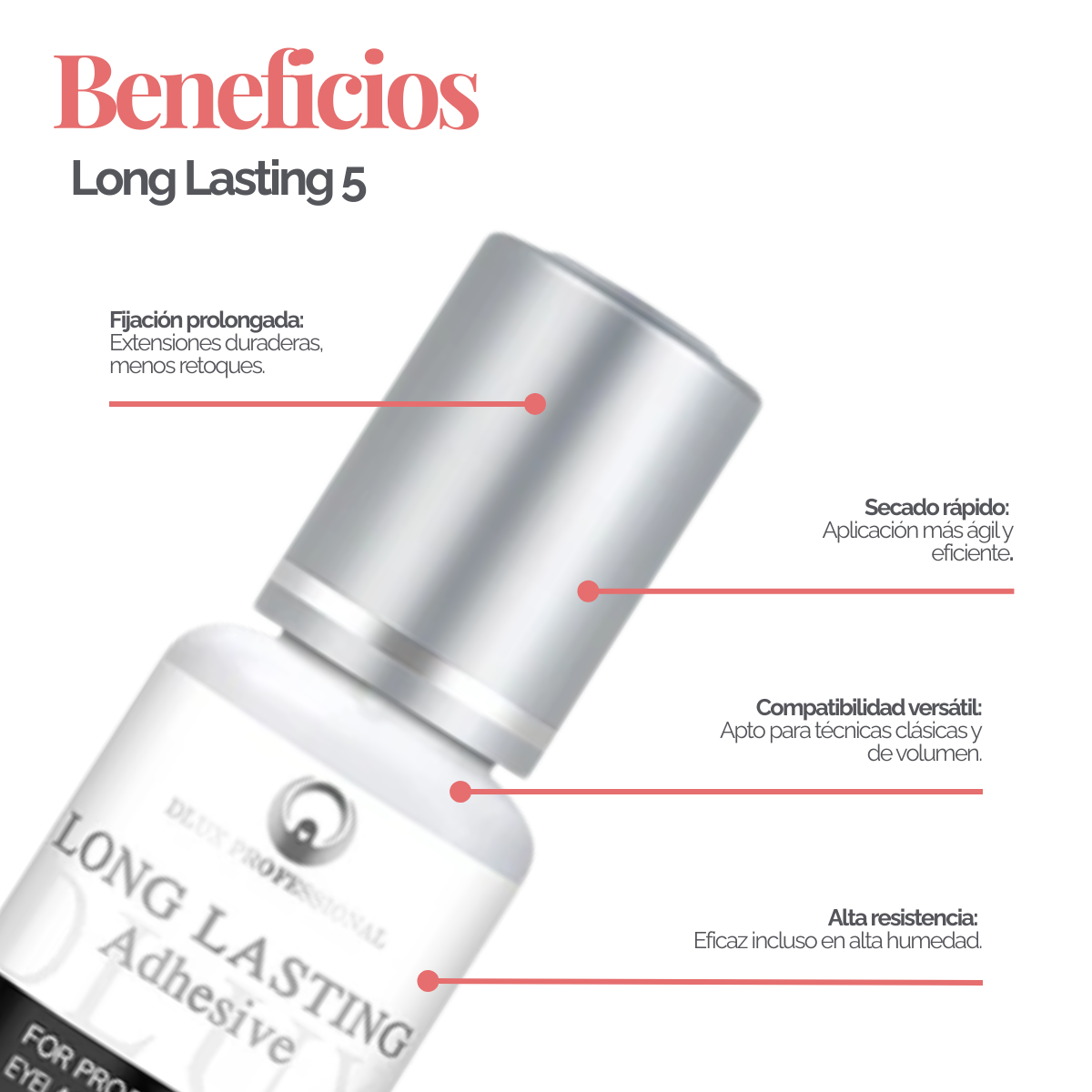 Long Lasting DLUX Professional en presentación Classic Line con secado rápido 1‑3 s y retención de 6‑7 semanas, color negro, mostrando frasco de 5 ml.