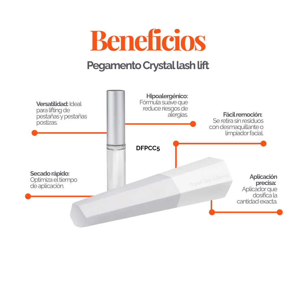 Adhesivo transparente Crystal de 5 ml para lifting de pestañas y laminación de cejas; no gotea, secado rápido, fijación precisa sobre pads de silicona, uso profesional DLUX.