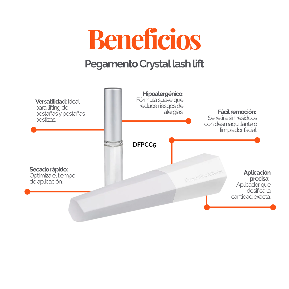 Adhesivo transparente Crystal de 5 ml para lifting de pestañas y laminación de cejas; no gotea, secado rápido, fijación precisa sobre pads de silicona, uso profesional DLUX.
