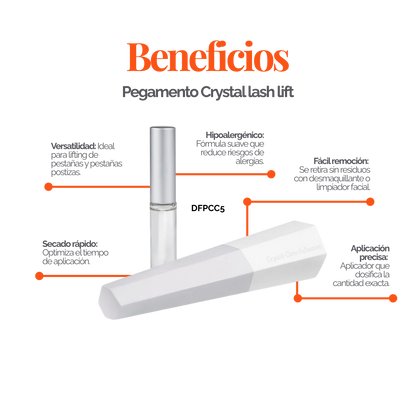 Adhesivo transparente Crystal de 5 ml para lifting de pestañas y laminación de cejas; no gotea, secado rápido, fijación precisa sobre pads de silicona, uso profesional DLUX.