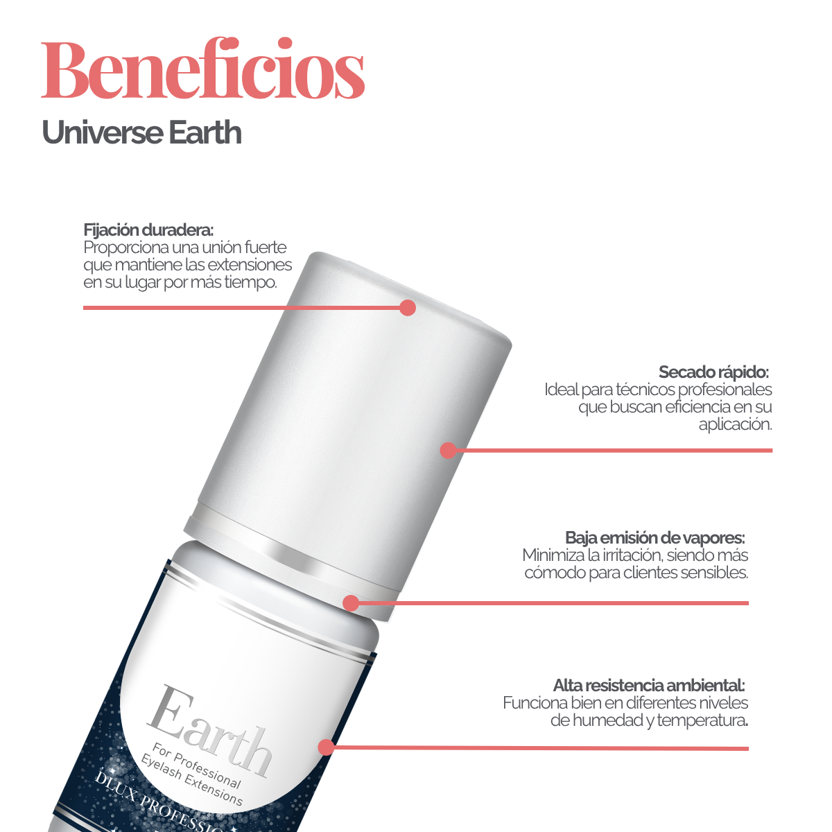 Botella de DLUX Universe Earth Adhesive (pegamento negro para extensiones de pestañas) con fondo claro, diseño de envase sofisticado, aplicador tipo gotero