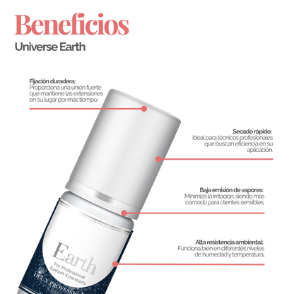 Botella de DLUX Universe Earth Adhesive (pegamento negro para extensiones de pestañas) con fondo claro, diseño de envase sofisticado, aplicador tipo gotero