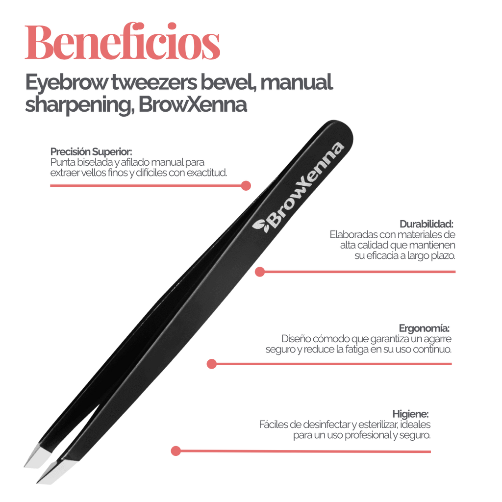 Pinzas Profesionales para Cejas BrowXenna® con punta biselada y afilado manual para depilación de precisión técnica