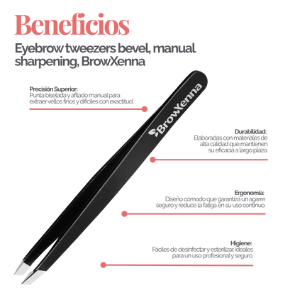 Pinzas Profesionales para Cejas BrowXenna® con punta biselada y afilado manual para depilación de precisión técnica