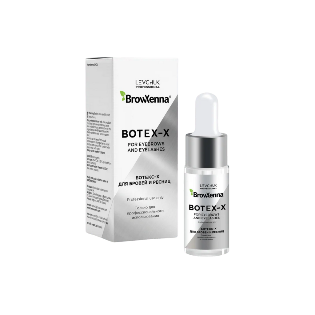 Frasco de 10 ml de BrowXenna Botex‑X, concentrado reparador con ceramidas para cejas y pestañas, restaura densidad, brillo y vitalidad tras tratamientos agresivos.