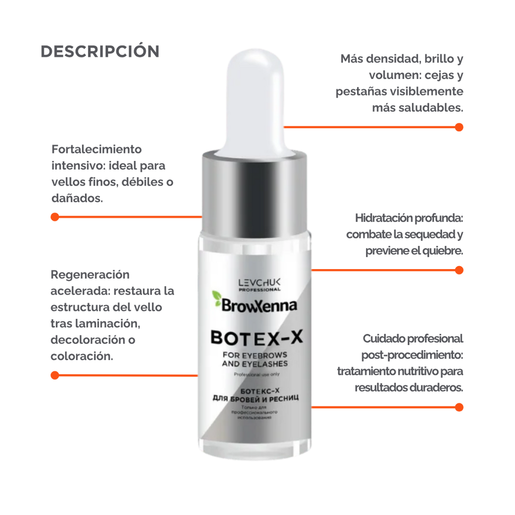 Frasco de 10 ml de BrowXenna Botex‑X, concentrado reparador con ceramidas para cejas y pestañas, restaura densidad, brillo y vitalidad tras tratamientos agresivos.