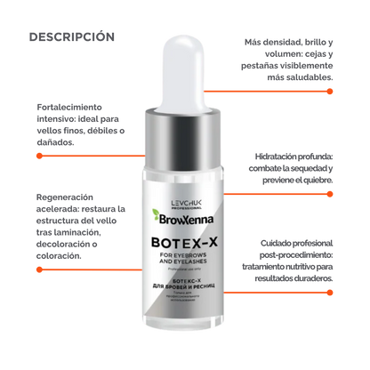 Frasco de 10 ml de BrowXenna Botex‑X, concentrado reparador con ceramidas para cejas y pestañas, restaura densidad, brillo y vitalidad tras tratamientos agresivos.
