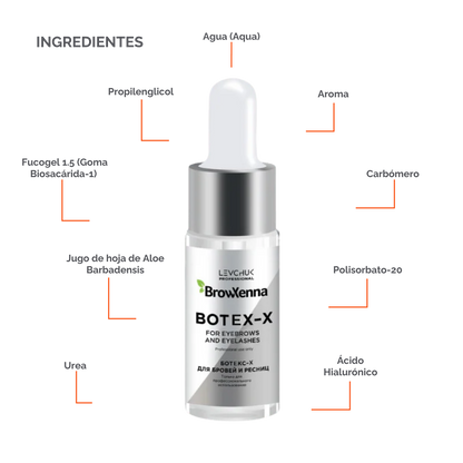 Frasco de 10 ml de BrowXenna Botex‑X, concentrado reparador con ceramidas para cejas y pestañas, restaura densidad, brillo y vitalidad tras tratamientos agresivos.