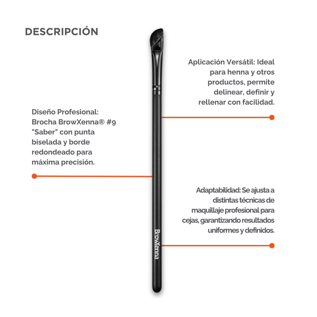 Eyebrow brush #9 "Saber" BrowXenna® 
cerdas ultra finas y mango ergonómico diseñados para aplicación precisa de henna y maquillaje en cejas para técnicos de belleza exigentes.