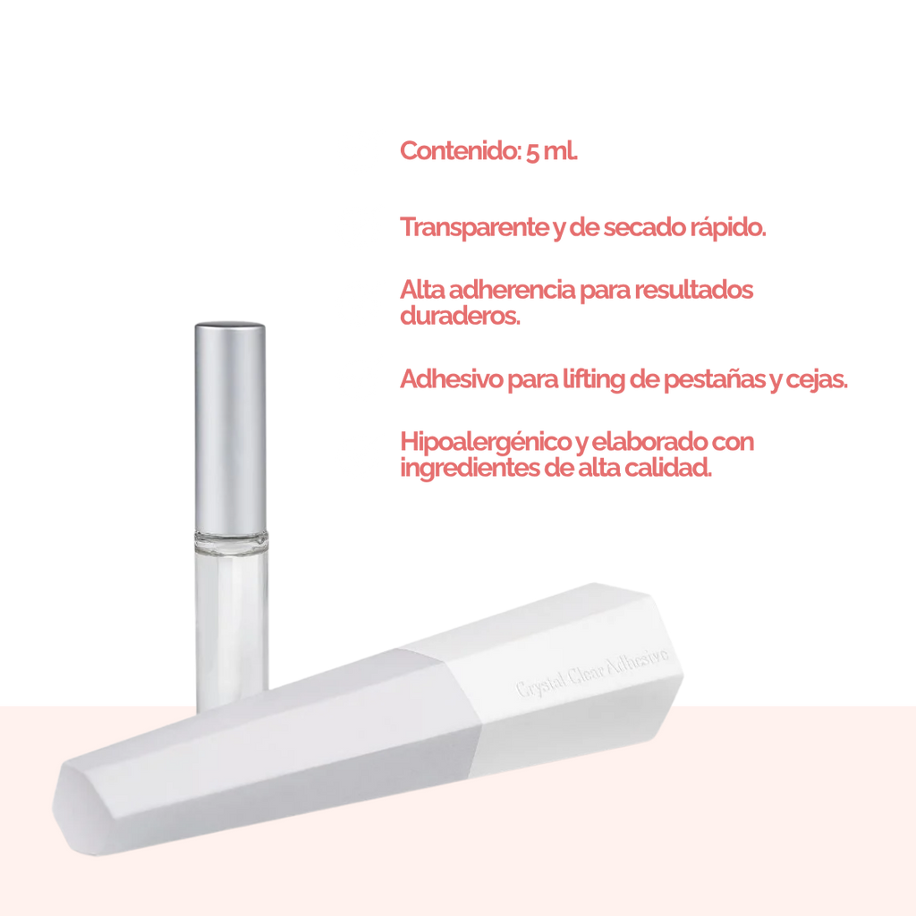 Adhesivo transparente Crystal de 5 ml para lifting de pestañas y laminación de cejas; no gotea, secado rápido, fijación precisa sobre pads de silicona, uso profesional DLUX.