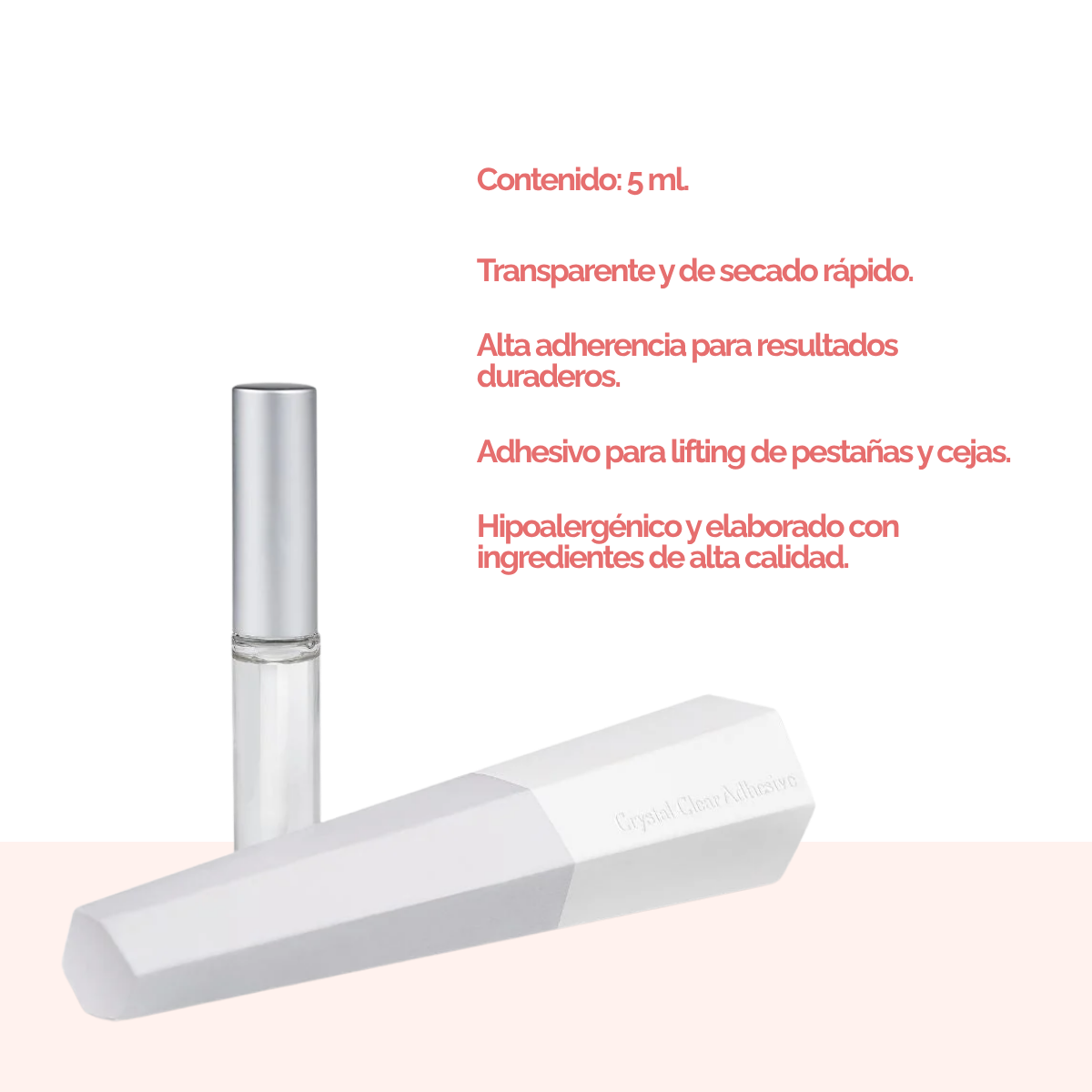 Adhesivo transparente Crystal de 5 ml para lifting de pestañas y laminación de cejas; no gotea, secado rápido, fijación precisa sobre pads de silicona, uso profesional DLUX.