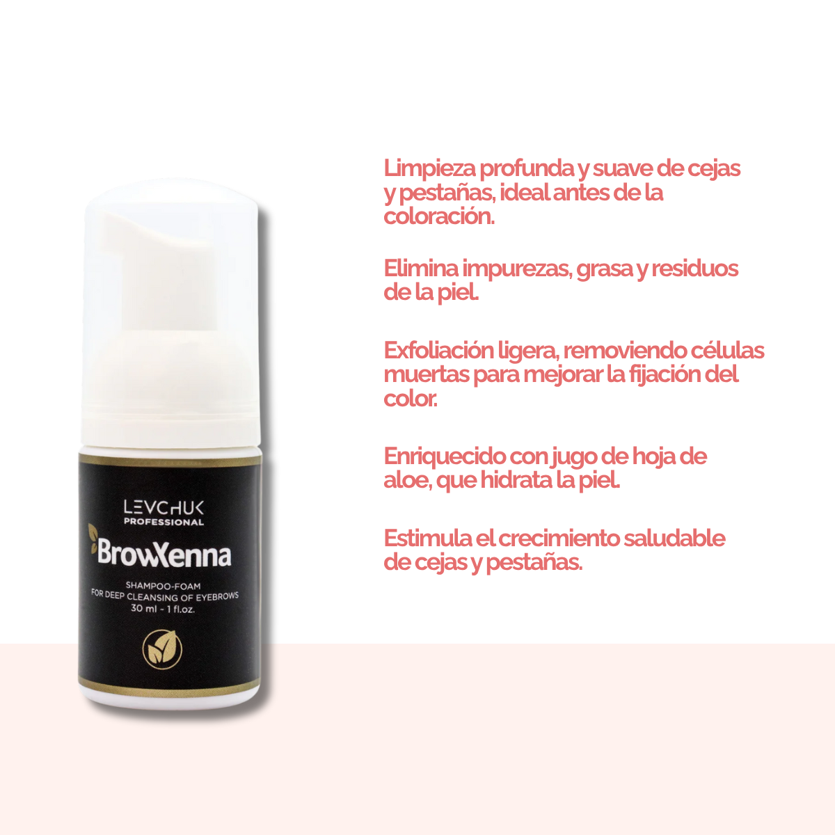Frasco de BrowXenna Shampoo‑Foam, espuma limpiadora profunda para cejas y pestañas, ideal para pretratamiento antes de tintado y laminación.