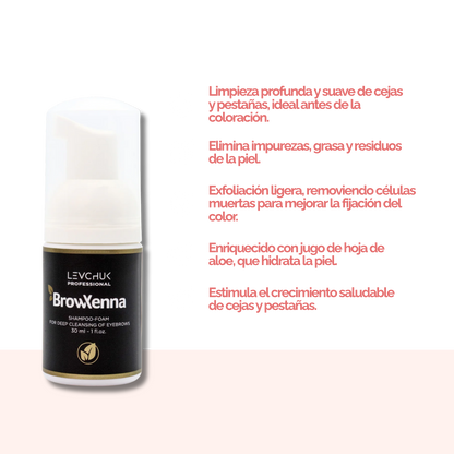 Frasco de BrowXenna Shampoo‑Foam, espuma limpiadora profunda para cejas y pestañas, ideal para pretratamiento antes de tintado y laminación.