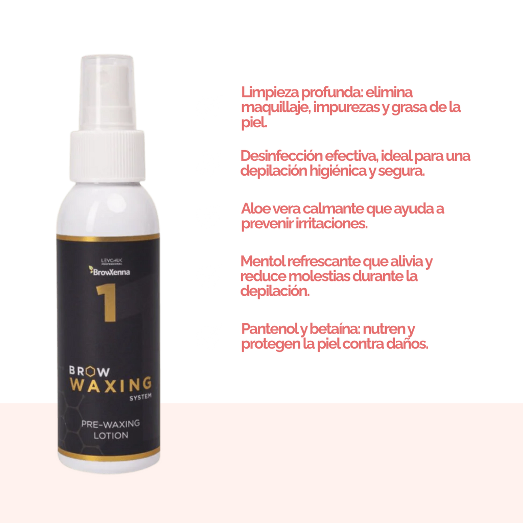 Frasco de BrowXenna Pre‑Waxing Lotion #1 (100 ml), loción preparadora profesional con aloe y mentol, idéntica al primer paso en el protocolo SPA para depilación de cejas.