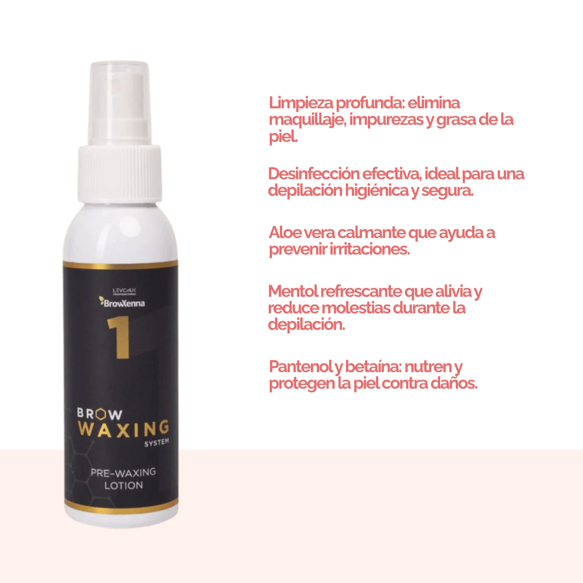 Frasco de BrowXenna Pre‑Waxing Lotion #1 (100 ml), loción preparadora profesional con aloe y mentol, idéntica al primer paso en el protocolo SPA para depilación de cejas.