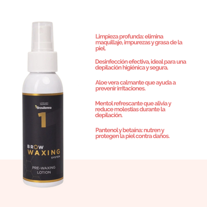 Frasco de BrowXenna Pre‑Waxing Lotion #1 (100 ml), loción preparadora profesional con aloe y mentol, idéntica al primer paso en el protocolo SPA para depilación de cejas.