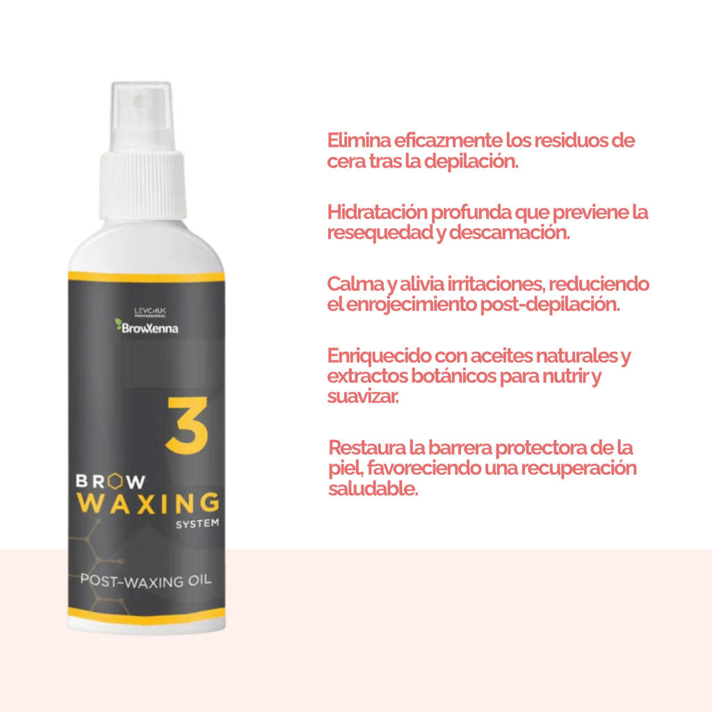 Frasco de aceite BrowXenna Post‑Waxing Oil #3 (100 ml), aceite post-depilación con lavanda, coco y mentol para hidratar, refrescar y limpiar la piel tras depilación de cejas.