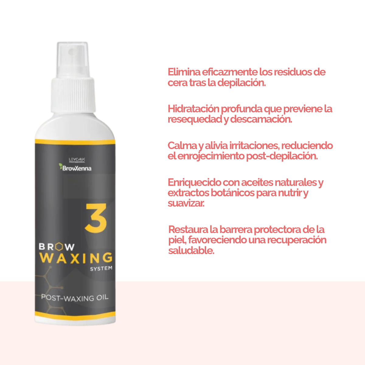 Frasco de aceite BrowXenna Post‑Waxing Oil #3 (100 ml), aceite post-depilación con lavanda, coco y mentol para hidratar, refrescar y limpiar la piel tras depilación de cejas.