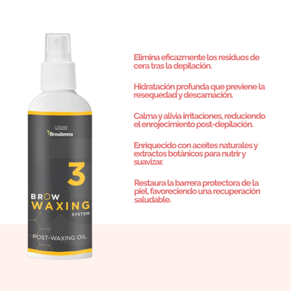 Frasco de aceite BrowXenna Post‑Waxing Oil #3 (100 ml), aceite post-depilación con lavanda, coco y mentol para hidratar, refrescar y limpiar la piel tras depilación de cejas.