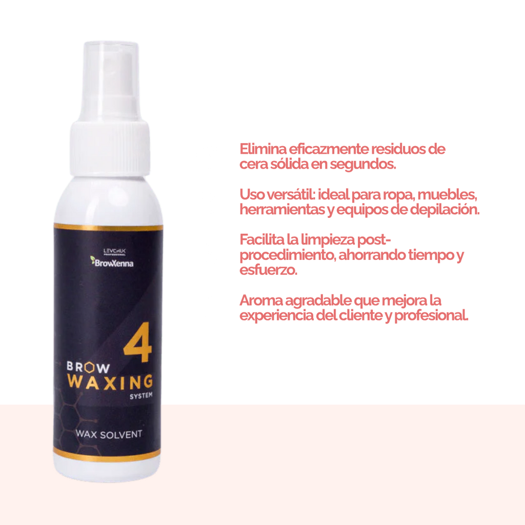 Frasco de 100 ml de solvente BrowXenna Wax Solvent #4, solución rápida para eliminar residuos de cera sólida tras la depilación, ideal para acabados impecables en estudios profesionales.