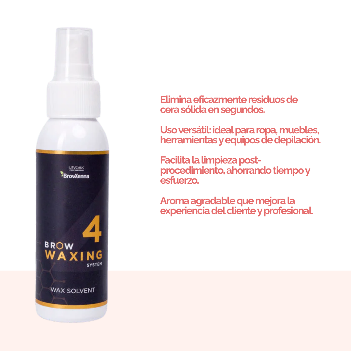 Frasco de 100 ml de solvente BrowXenna Wax Solvent #4, solución rápida para eliminar residuos de cera sólida tras la depilación, ideal para acabados impecables en estudios profesionales.