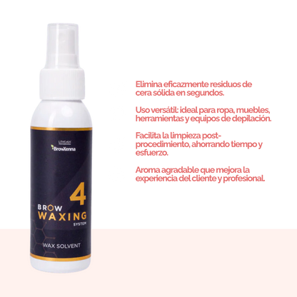 Frasco de 100 ml de solvente BrowXenna Wax Solvent #4, solución rápida para eliminar residuos de cera sólida tras la depilación, ideal para acabados impecables en estudios profesionales.