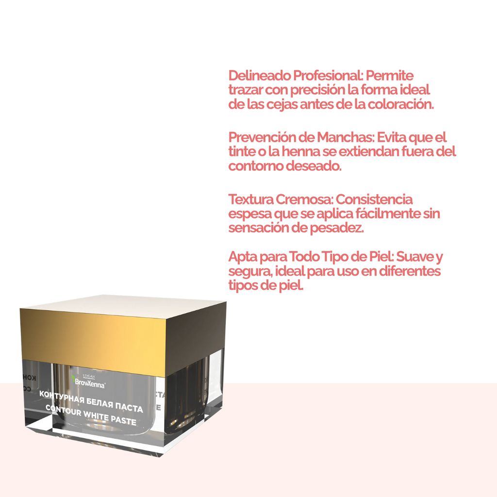Envase de pasta blanca BrowXenna Contour White Paste 10 g, pasta cremosa para definir contornos de cejas y lograr simetría y precisión en tratamientos profesionales de coloración y laminación