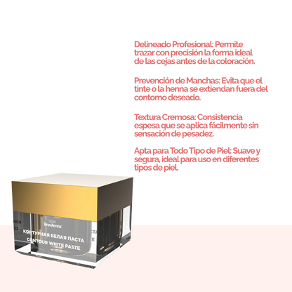 Envase de pasta blanca BrowXenna Contour White Paste 10 g, pasta cremosa para definir contornos de cejas y lograr simetría y precisión en tratamientos profesionales de coloración y laminación