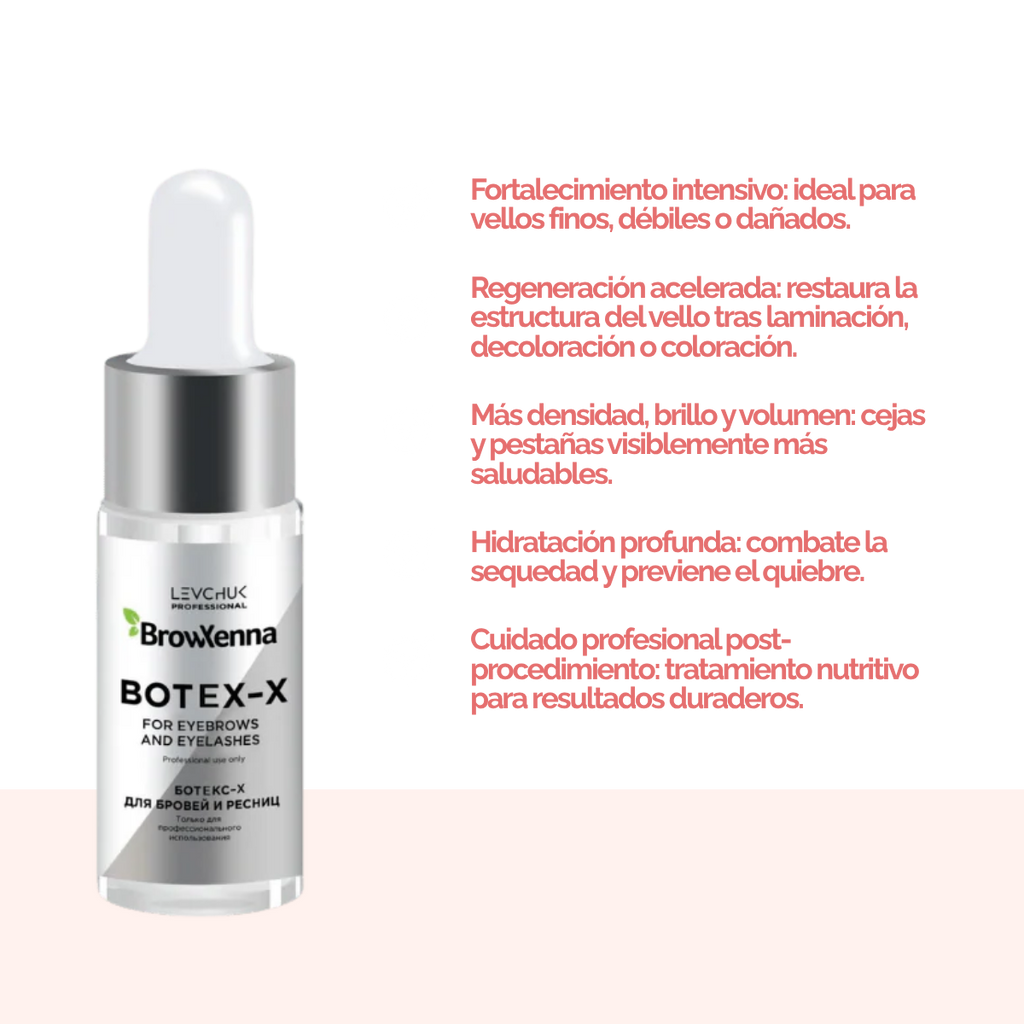 Frasco de 10 ml de BrowXenna Botex‑X, concentrado reparador con ceramidas para cejas y pestañas, restaura densidad, brillo y vitalidad tras tratamientos agresivos.