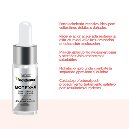 Frasco de 10 ml de BrowXenna Botex‑X, concentrado reparador con ceramidas para cejas y pestañas, restaura densidad, brillo y vitalidad tras tratamientos agresivos.