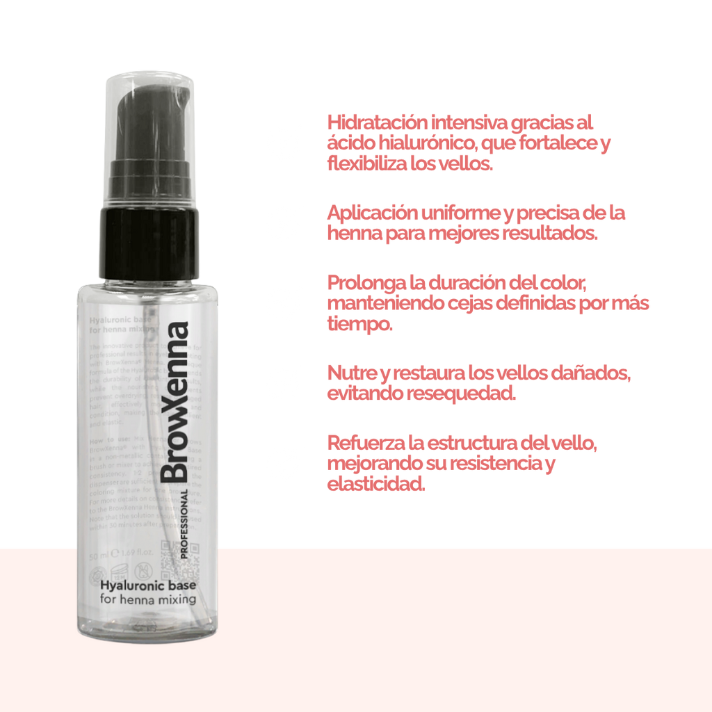 Envase de BrowXenna Hyaluronic Base 50 ml en gel, ideal para mezclar con henna profesional y lograr una aplicación uniforme, hidratante y de larga duración en tratamientos de cejas.