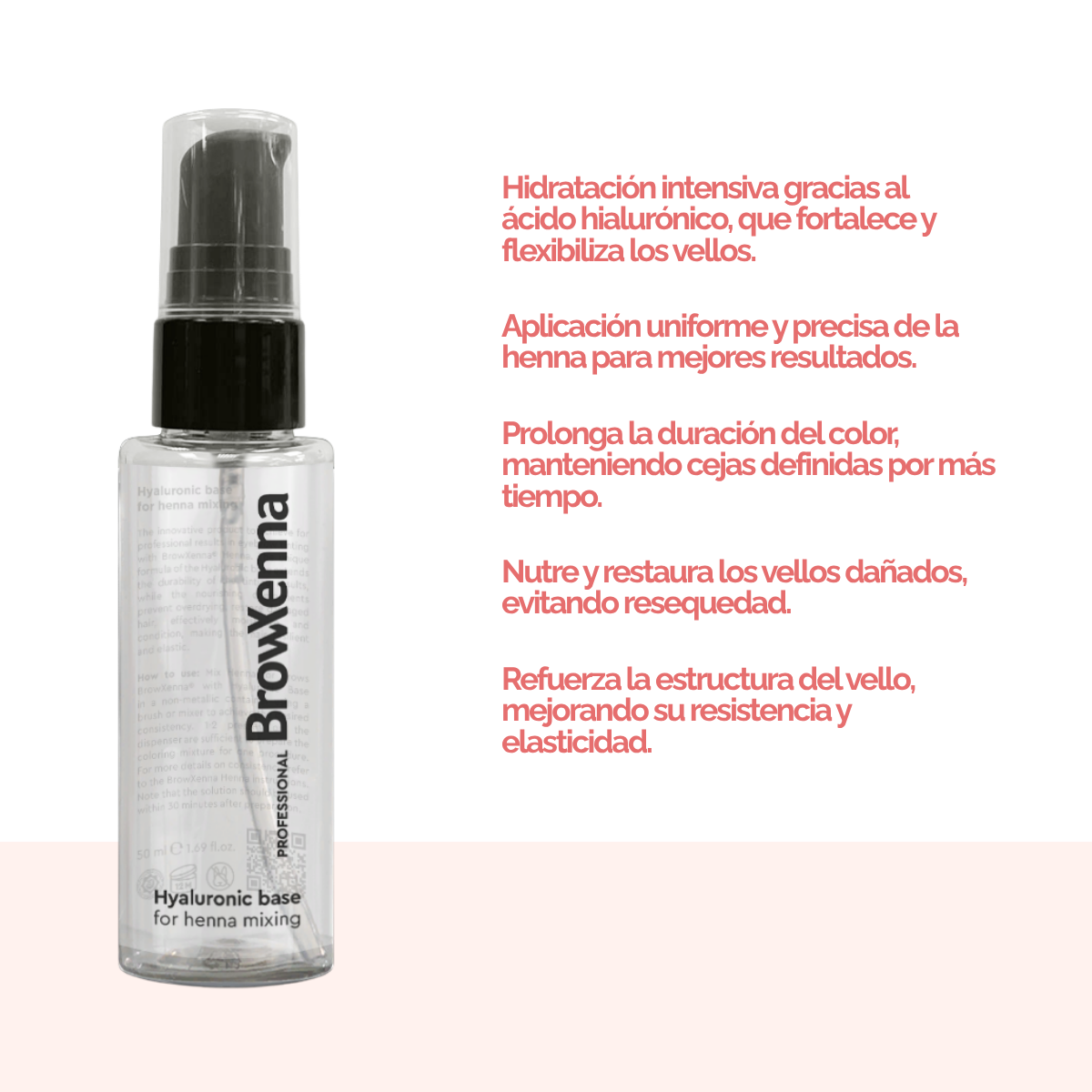 Envase de BrowXenna Hyaluronic Base 50 ml en gel, ideal para mezclar con henna profesional y lograr una aplicación uniforme, hidratante y de larga duración en tratamientos de cejas.