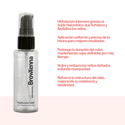 Envase de BrowXenna Hyaluronic Base 50 ml en gel, ideal para mezclar con henna profesional y lograr una aplicación uniforme, hidratante y de larga duración en tratamientos de cejas.