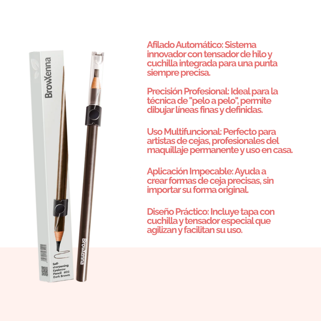 Lápiz de Cejas Auto‑afilable BrowXenna® en mano profesional, mostrando sistema de afilado automático y precisión en delineado.