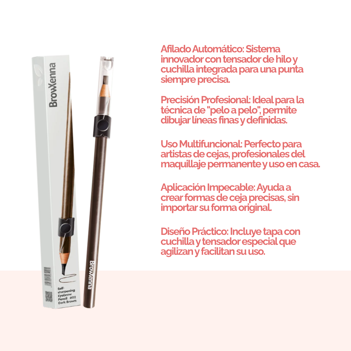 Lápiz de Cejas Auto‑afilable BrowXenna® en mano profesional, mostrando sistema de afilado automático y precisión en delineado.