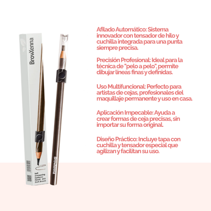 Lápiz de Cejas Auto‑afilable BrowXenna® en mano profesional, mostrando sistema de afilado automático y precisión en delineado.