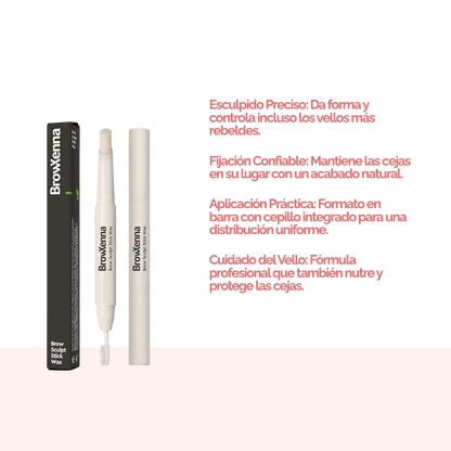 Cera Fijadora en Barra BrowXenna® con cepillo integrado aplicando fijación natural profesional en cejas