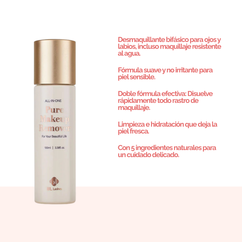 Botella de 100 ml de Pure Clear Lip & Eye Makeup Remover BL Lashes, envase transparente con etiqueta, sobre fondo blanco, concepto desmaquillante oil‑free seguro para extensiones