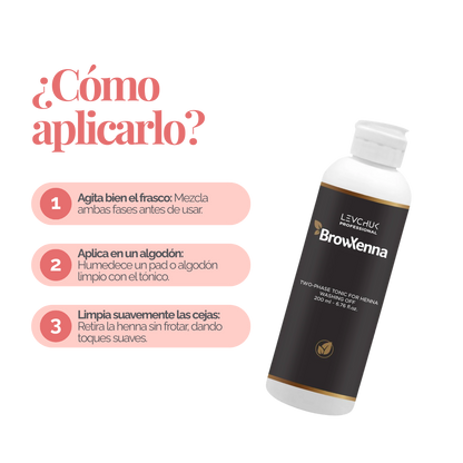 Two Phase Tonic BrowXenna 200 ml-solución bifásica profesional para eliminar henna y tintes de cejas de forma efectiva, suave e hidratante, ideal para preparaciones y correcciones en cabina.