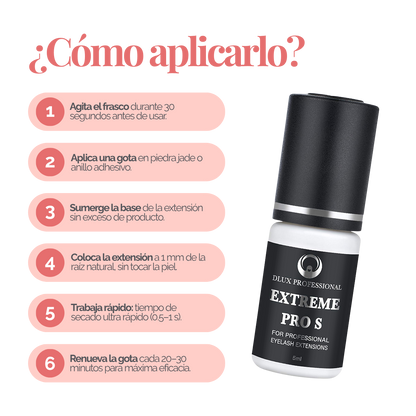 Adhesivo DLUX Pro Care profesional secado 2‑4 s retención 5‑6 semanas ingredientes seguros Ethyl Cyanoacrylate Polymethylmethacrylate
