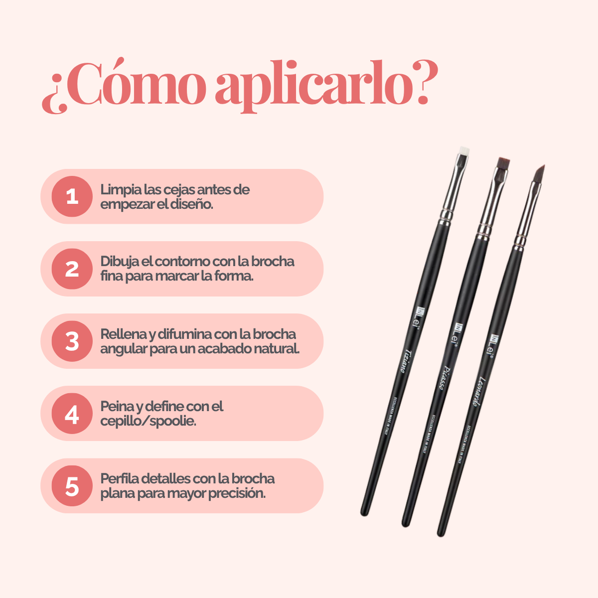 Set profesional InLei Brow Collection de 3 brochas – Rembrandt, Francisco, Michelangelo – diseño italiano, fibras sintéticas, mango de abedul, herramientas premium para cejas