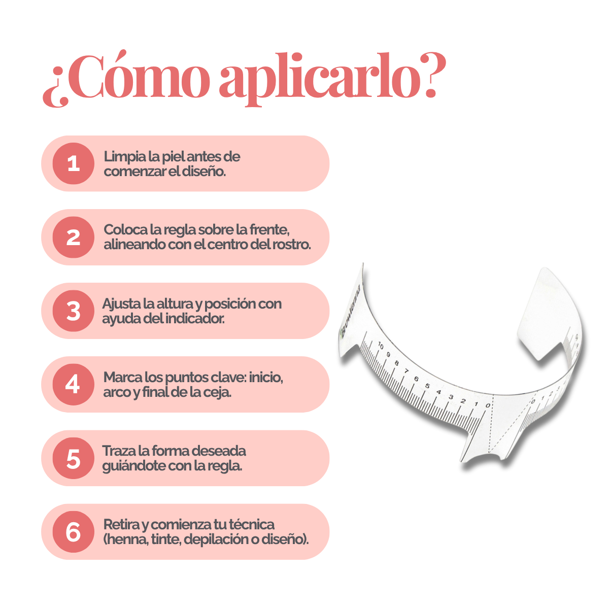 Regla para cejas con indicador, flexible y transparente, doble escala centrada para simetría profesional en diseño de cejas.