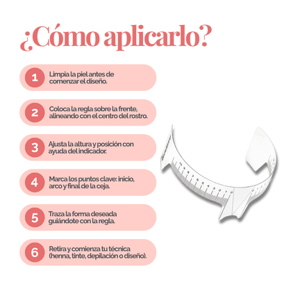 Regla para cejas con indicador, flexible y transparente, doble escala centrada para simetría profesional en diseño de cejas.