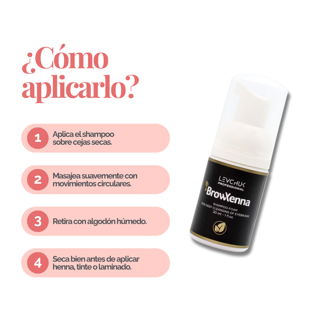 Frasco de BrowXenna Shampoo‑Foam, espuma limpiadora profunda para cejas y pestañas, ideal para pretratamiento antes de tintado y laminación.
