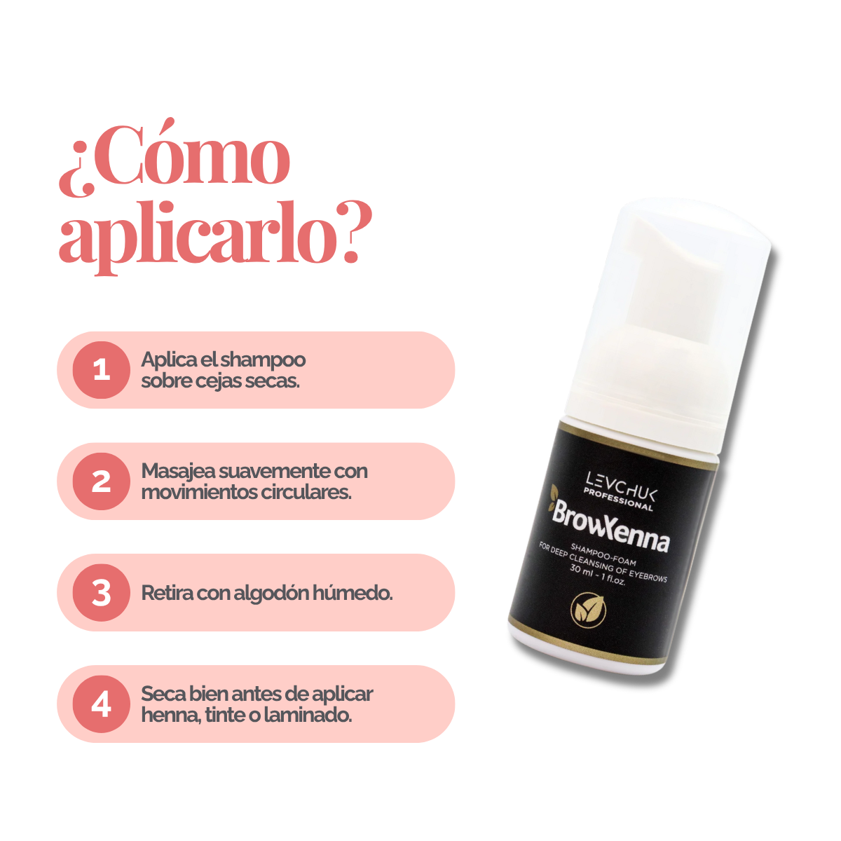 Frasco de BrowXenna Shampoo‑Foam, espuma limpiadora profunda para cejas y pestañas, ideal para pretratamiento antes de tintado y laminación.